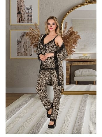 Dantelli Leopar Desen Kadın Pijama Sabahlık Takım İzabel 5014 - 2