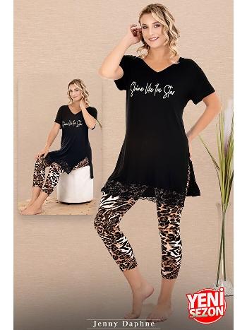 Dantelli Leopar Desenli V Yaka Kısa Kollu Kapri Kadın Pijama Takımı Lady 12079