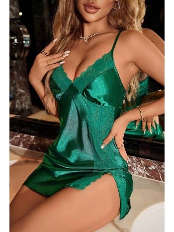 Dantelli Şık Yırtmaçlı Saten Gecelik Merry See MS 2374 Yeşil