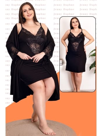 Dantelli Viskon Somon Gecelik Sabahlık Takımı Lady 19220