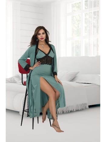 Dantelli Yeşil Büyük Beden Uzun Sabahlık Gecelik Takımı İzabel 7005