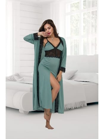 Dantelli Yeşil Büyük Beden Uzun Sabahlık Gecelik Takımı İzabel 7005 - 2