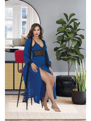 Derin Yırtmaçlı Mavi Uzun Gecelik Sabahlık Takımı İzabel 6014
