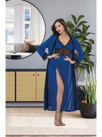 Derin Yırtmaçlı Mavi Uzun Gecelik Sabahlık Takımı İzabel 6014 - 2
