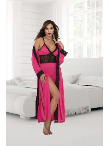 Derin Yırtmaçlı Uzun Dantelli Büyük Beden Sabahlık Gecelik Takım İzabel 7004