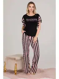 Desenli Kısa Kol Kadın Pijama Takımı Somon Lady 12523