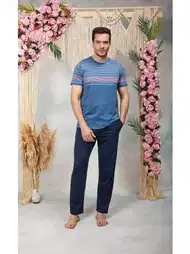 Lacivert Bisiklet Yaka Polyester Modal Erkek Pijama Takımı Doreanse 254562
