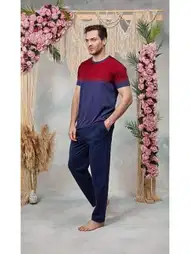 Lacivert Kırmızı Baskılı Bisiklet Yaka T-Shirt Pijama Takımı Doreanse 25Y4560