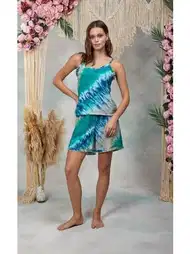 Mavi Batik Desenli Viskon Askılı T-Shirt Şort Pijama Takımı Doreanse 25Y4069
