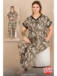 Düğmeli Kısa Kollu Dantelli Desenli Büyük Beden Kadın Pijama Takımı Lady 11032