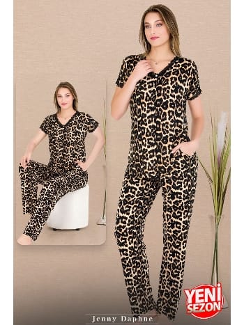 Düğmeli Leopar Desenli Kısa Kollu Pijama Takımı Lady 12482