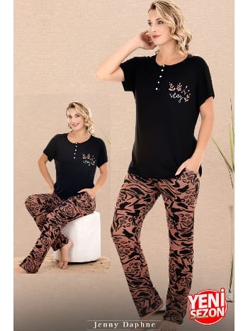 Düğmeli Yaka Desenli Kısa Kollu Kadın Pijama Takımı Lady 12671