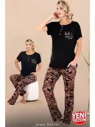 Düğmeli Yaka Desenli Kısa Kollu Kadın Pijama Takımı Lady 12671