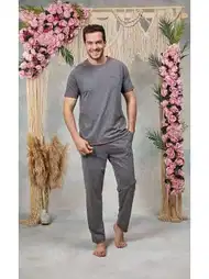Pamuklu Gri Bisiklet Yaka T-Shirt Pijama Takımı Doreanse 25Y4566