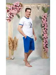 Modal Pamuklu Mavi Beyaz Baskılı Şort T-Shirt Pijama Takımı Doreanse 25Y4573
