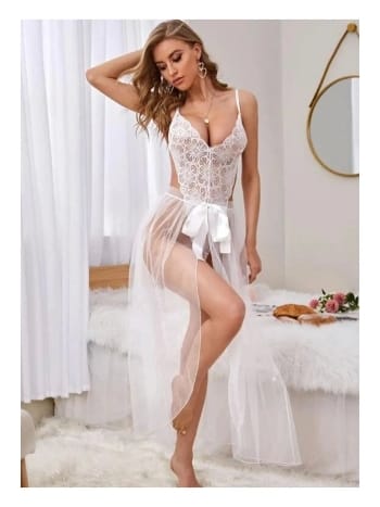 Dantelli Tül Etekli Gecelik Beyaz Nathalie 1748