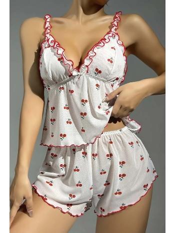 Fırfır Askılı Kiraz Desenli Kısa Şortlu Pijama Takımı Ruselin 5101