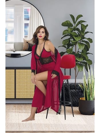 Dantel Detaylı Uzun Sabahlık Gecelik Takımı İzabel 6013