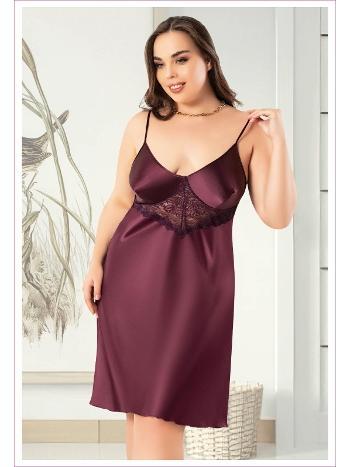 Dantelli İnce Askılı Büyük Beden Saten Gecelik Pembe Miss Laris 4043