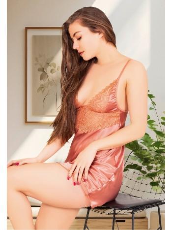 Göğüs Dekolteli Kısa Saten Dantelli Gecelik Bordo Miss Laris 2100 - 2