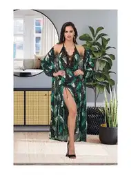 Göğüs Dekolteli Yaprak Desenli Uzun Sabahlık Gecelik Takımı İzabel 6012