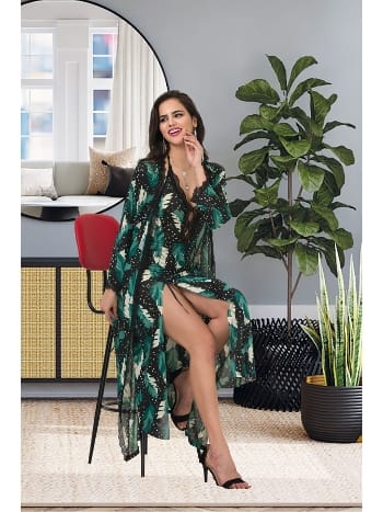 Göğüs Dekolteli Yaprak Desenli Uzun Sabahlık Gecelik Takımı İzabel 6012 - 2