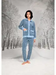 Gömlek Yaka Cepli Mavi Kadın Pijama Takımı Doreanse 26K4092
