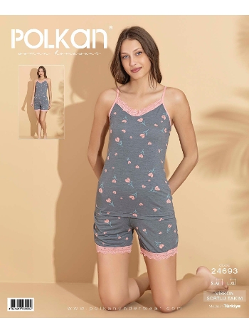 Gri Deseli Askılı Viskon Şort Pijama Takım Polkan 24693