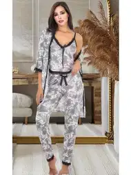 Gri Desenli Pamuklu Sabahlıklı Pijama Takımı İzabel 5010