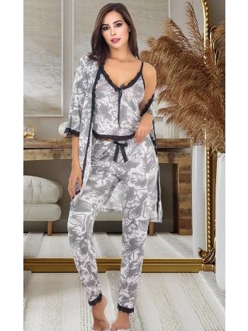 Gri Desenli Pamuklu Sabahlıklı Pijama Takımı İzabel 5010