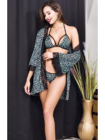 Gri Leopar Dantel Detaylı Sütyen Tanga Takım İzabel 0914