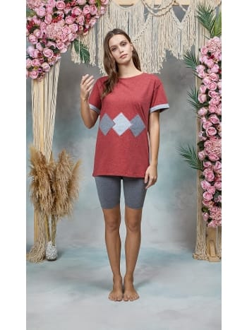 Pamuklu Gri Melanj Tayt Bordo T-Shirt Pijama Takımı Doreanse 25Y4076
