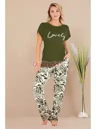 Pamuklu Kısa Kol Pijama Takımı Haki Lady 12531