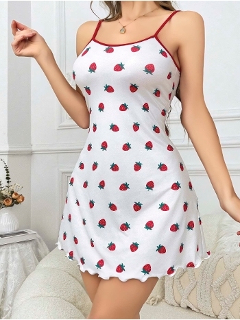 İnce Askılı Çilekli Kadın Kısa Gecelik Beyaz Lily Bianca 13056