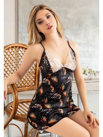 İnce Askılı Dantel Yaka Çiçekli Saten Gecelik Miss Laris 2069