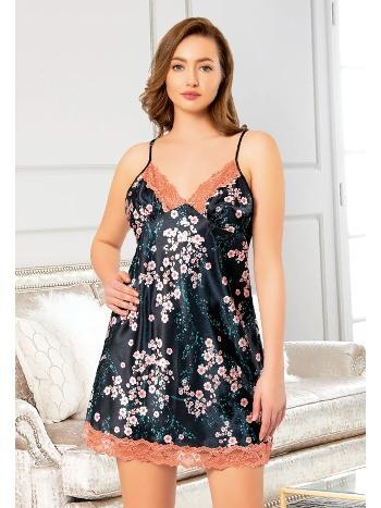 Dantelli İnce Askılı Saten Gecelik Lacivert Miss Laris 4008 - 2