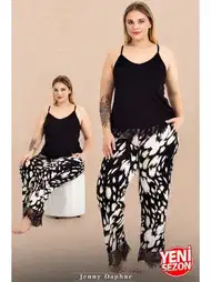 Dantel Detaylı Desenli Büyük Beden Pijama Takımı Lady 10983