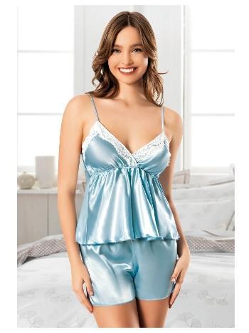 İnce Askılı Mavi Saten Şort Pijama Takımı Miss Laris 3123