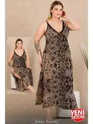 Yılan Desenli Uzun Elbise Büyük Beden Somon Lady 7285