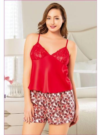 İnce Askılı Kırmızı Saten Şort Takım Miss Laris 4207