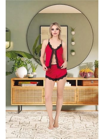 İp Askılı Dantelli Kırmızı Şortlu Pijama Takımı İzabel 0108