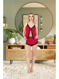 İp Askılı Dantelli Kırmızı Şortlu Pijama Takımı İzabel 0108