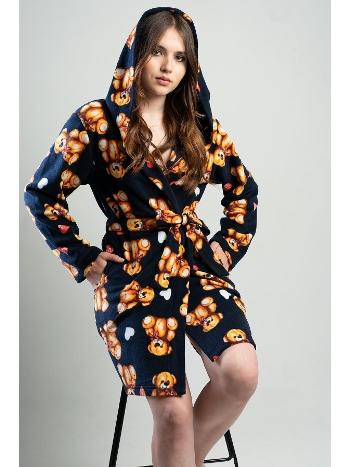 Lacivert Peluş Kapüşonlu Kısa Sabahlık Ayıcık Desenli Vienetta 201043