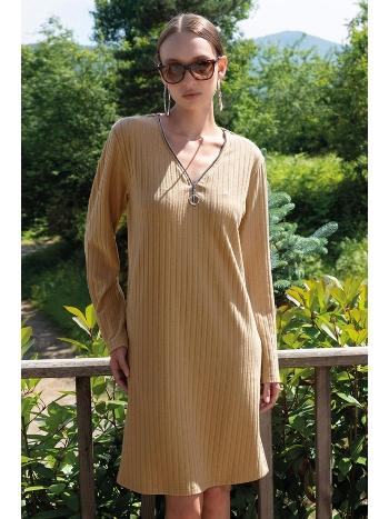 Fermuarlı V Yaka Uzun Kollu Kadın Elbise Turuncu Vienetta 405061