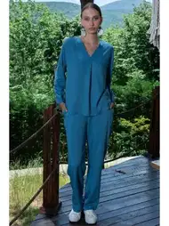 V Yaka Cepli Uzun Kollu Kadın Pijama Takımı Vienetta 405103