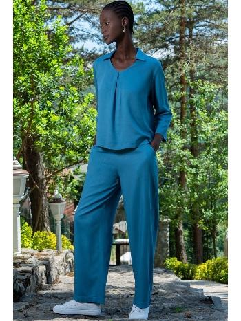 Mavi Pamuklu Uzun Kollu Gömlek Yaka Kadın Pijama Takımı Vienetta 405104