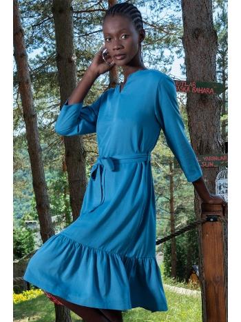 Belden Bağlamalı Uzun Kollu Elbise Mavi Vienetta 405105