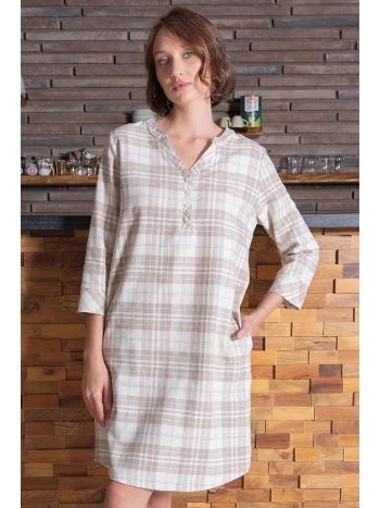 Ekoseli Yarım Kollu Düğmeli Kadın Elbise Gri Vienetta 405110