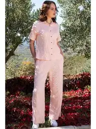 Gömlek Yaka Düğmeli Pembe Kadın Pijama Takımı Vienetta 409250