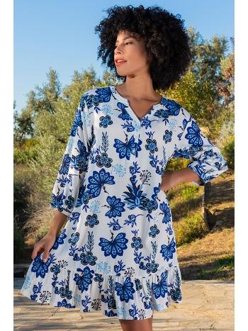 Geniş Kesim Çiçek Desenli Kısa Elbise Beyaz Vienetta 410008